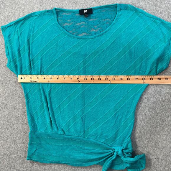 iZ Byer Y2k Knotted Waist Top Women's Large Turquoise Stripe Short Sleeve Lace - Picture 7 of 9